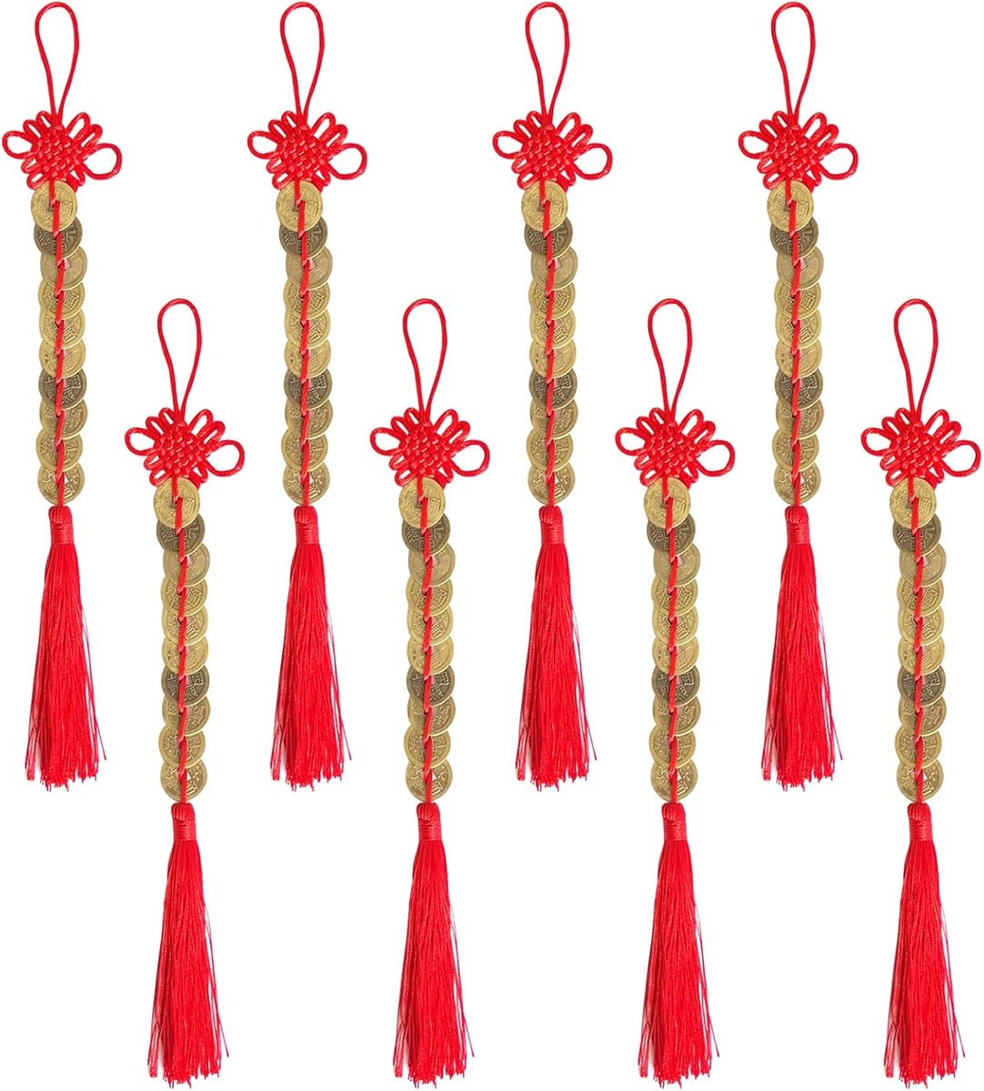 8 Stuks Chinese Knoop Tassel Hanger Feng Shui - Traditionele Munten Met Rode String Voor Rijkdom, Geluk, Gezondheid - Prachtig Cadeau (10 Munten)