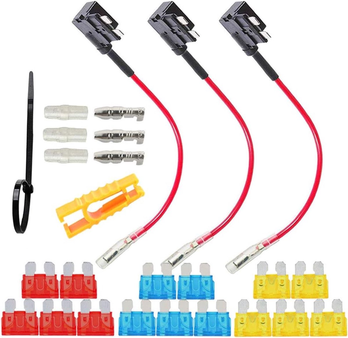 3Pcs Premium 12V / 24V ACU Medium Add-a-Circuit Zekeringkraan, Piggyback Blade Zekeringhouder, met Kabelboom en 15Pcs Gratis Standaard Bladzekeringen