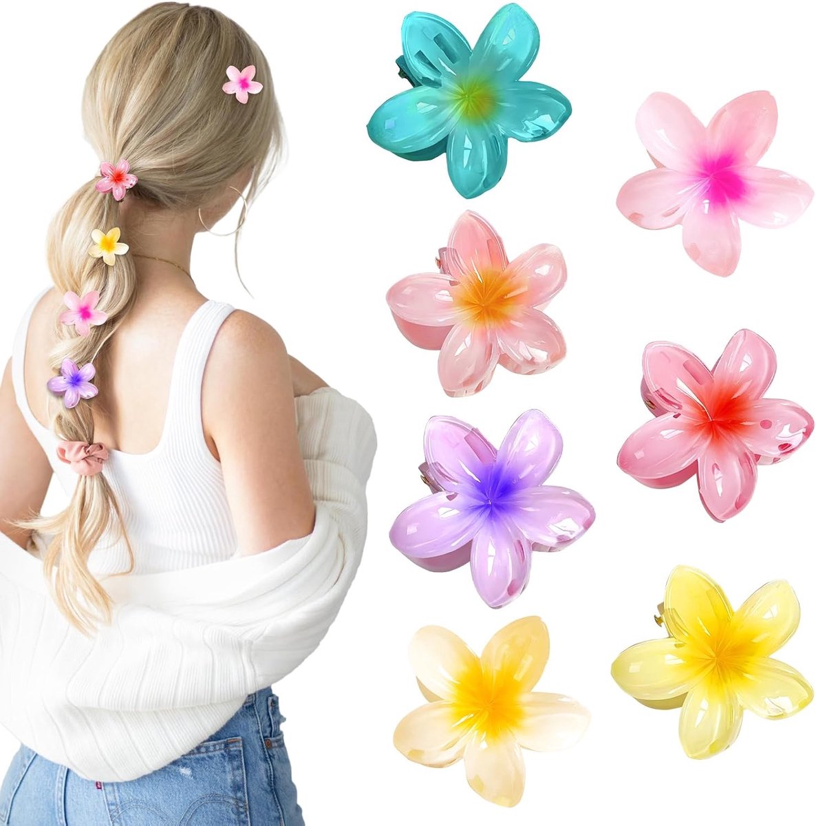 7 stuks Hawaiiaanse bloemenhaarspelden - 4 cm antislipklauwen voor vrouwen en meisjes, zomerhaaraccessoires voor halflang tot dik haar