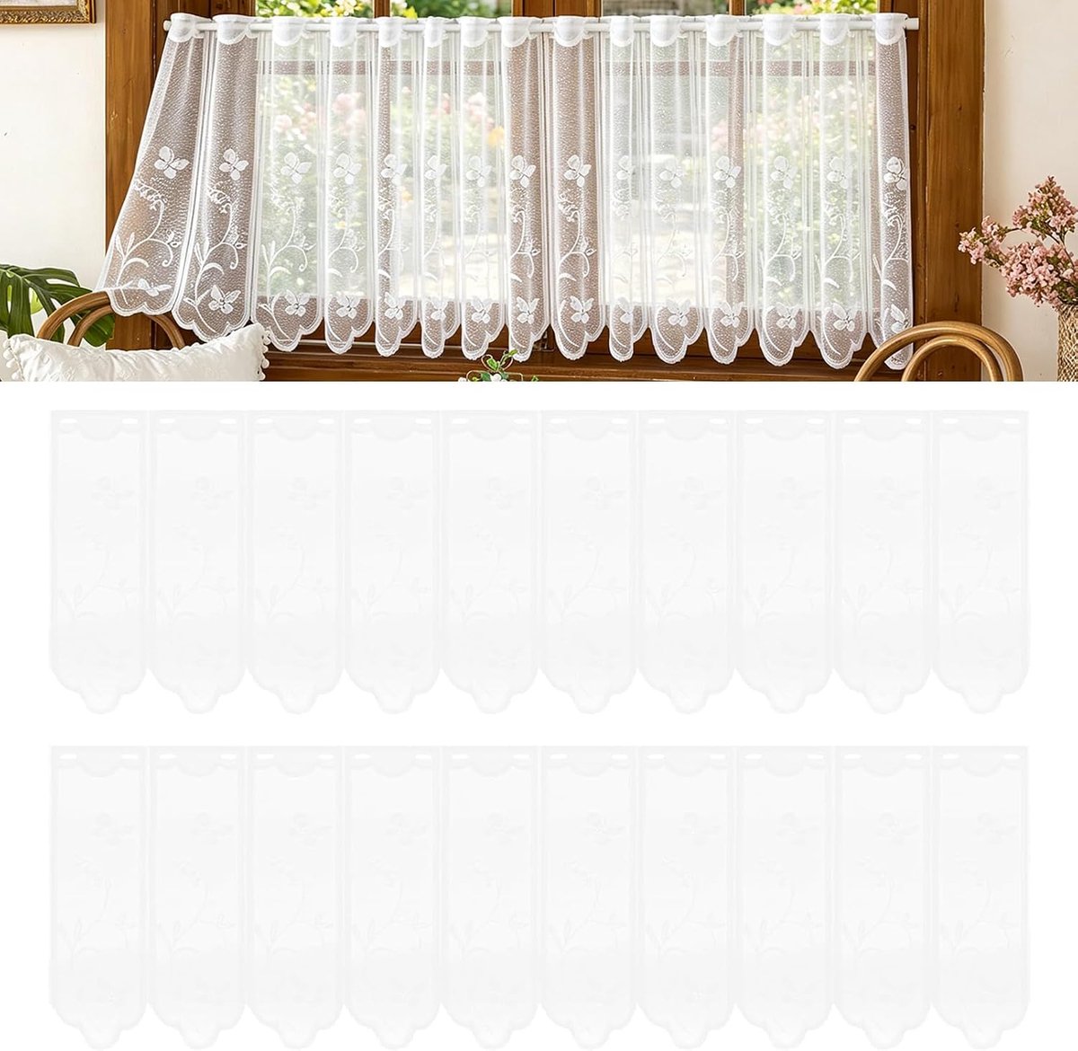 2 stuks vitragegordijnen, schaduw, klein, semi-transparant, kantpatroon, 130 x 45 cm, keukengordijnen met oogjes, geborduurd met bloemen, voor kleine ramen, slaapkamer, keuken