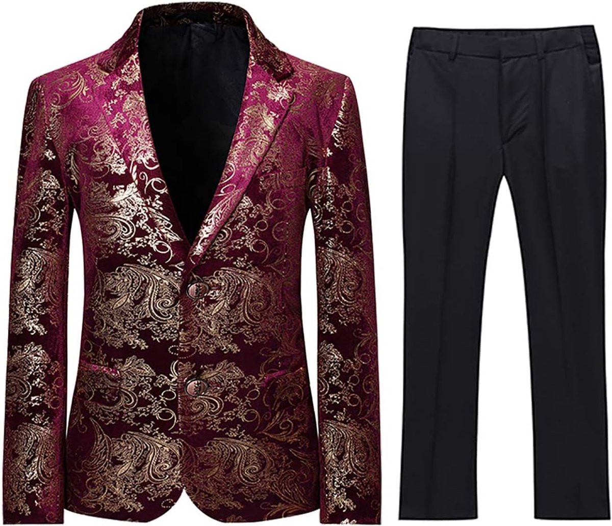2-delig, klassiek, goudkleurig, bloemenpatroon, jacquard, slim fit, bruiloft, bal, tutu, jas en broek, 6 kleuren
