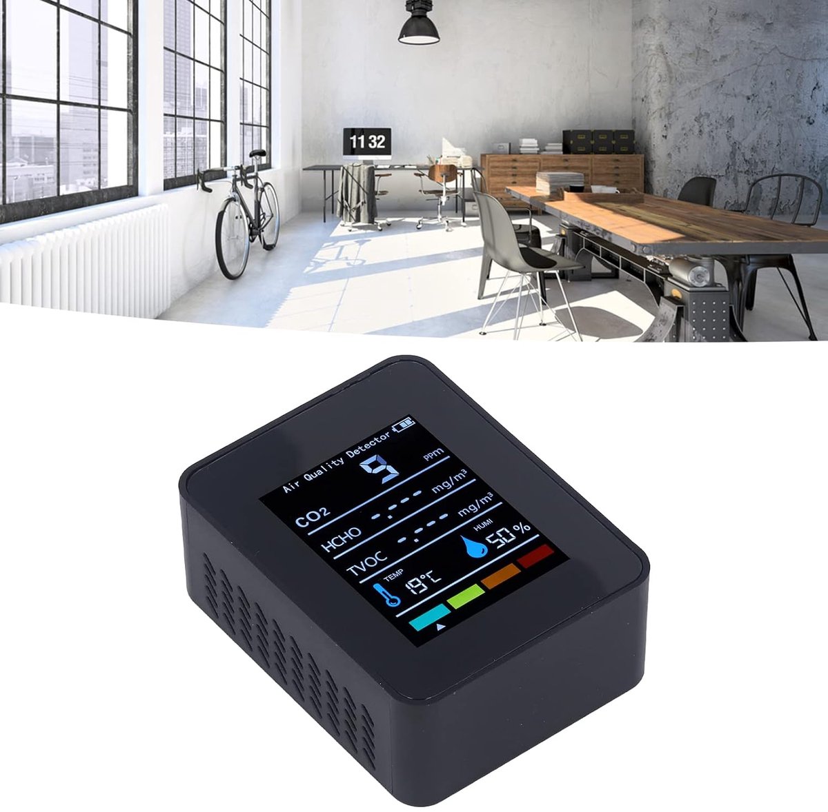 CO2-detector Zwart CO2-kooldioxidedetector LCD TVOC HCHO Temperatuur Vochtigheid Luchtkwaliteitsmeter Meter CO2-monitor voor Kweektenten, Wijnkelders,
