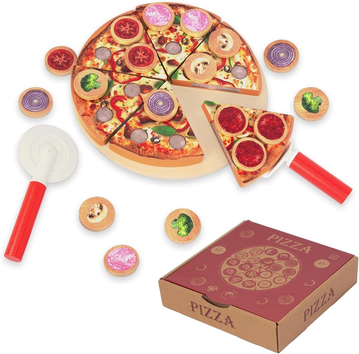 Houten pizza-speelset voor speelkeuken, winkelwinkel, educatief rollenspel voor kinderen vanaf 3J
