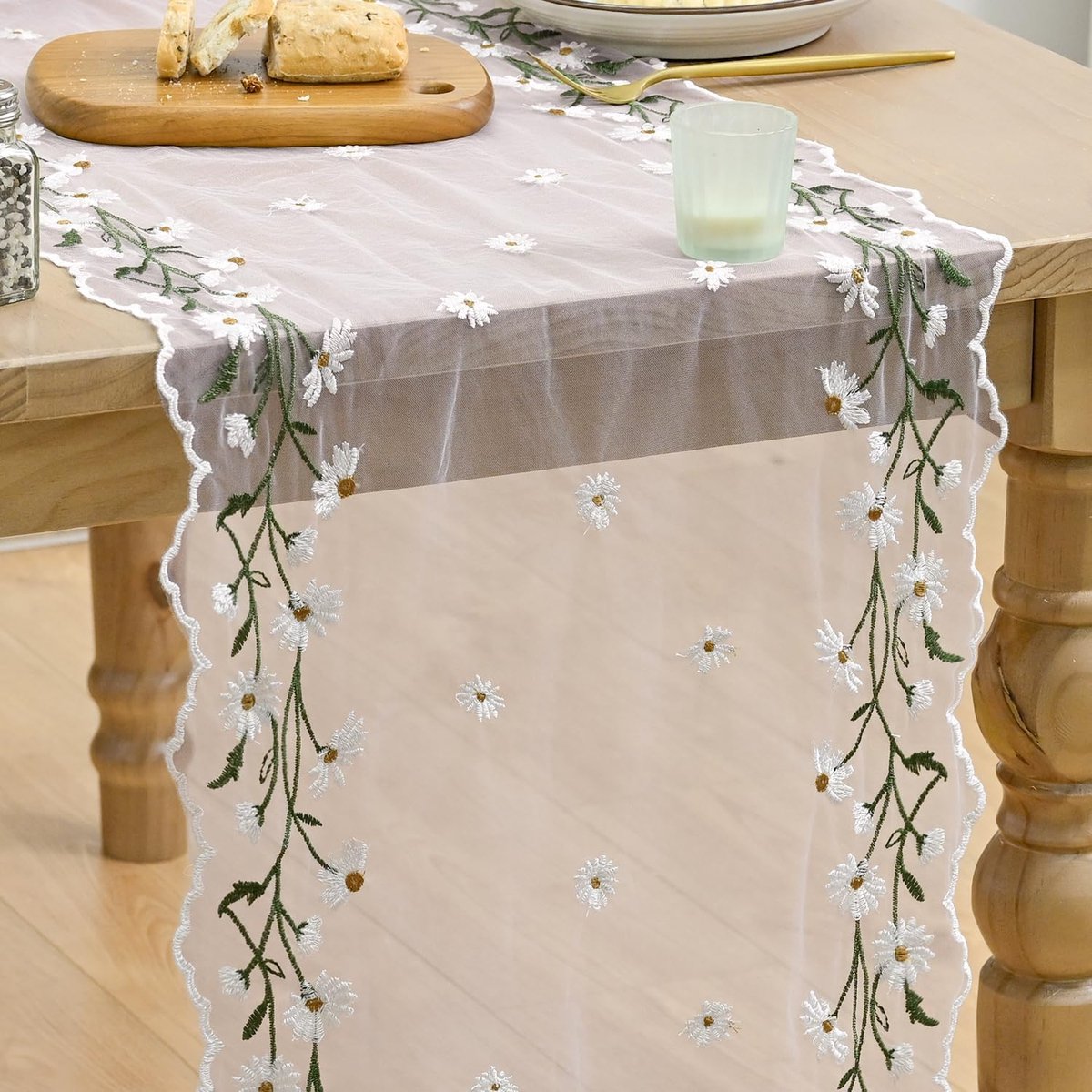 Mode Roze borduurwerk madeliefje bladeren lente gaas tafelloper 40 x 300 cm, zomer tule pure eetkamer vakantie verjaardag tafel decoratie voor thuisfeest