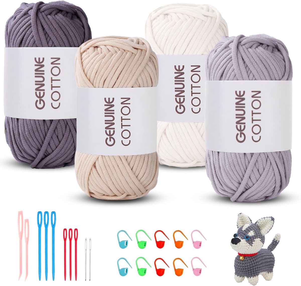 Haakgaren voor beginners, 200 g (50 g x 4 kleur), geen gesplitst garen, dik garen, katoen voor haken, haken, grof katoenen garen, eenvoudig breigaren voor haken en breien