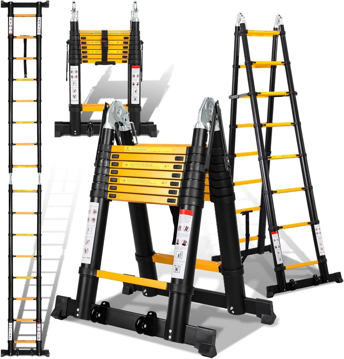 Telescopische ladder, aluminium trapladder, 2,5 m + 2,5 m, 8 + 8 treden, staande ladder, vouwladder, 150 kg belastbaarheid, telescopische uittrekbare ladder, huishoudladder, aluminium ladder