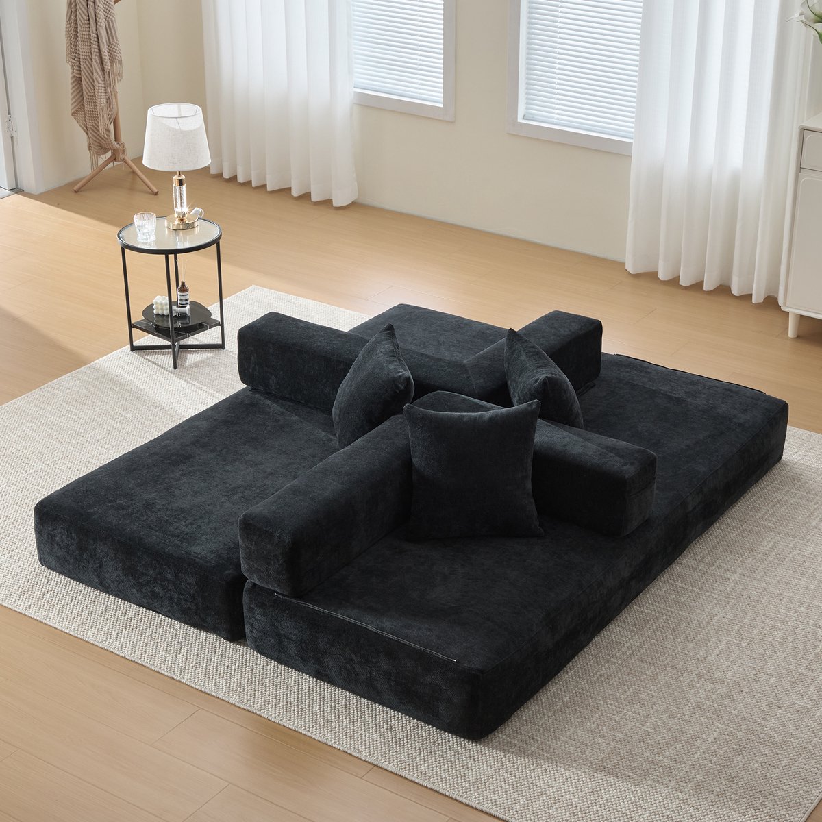 MEUNIQ modulaire slaapbank van chenille in zwart, met zijvakken, antislip onderzijde en zachte zitting, geschikt voor woonkamer, speelruimte of thuiskantoor