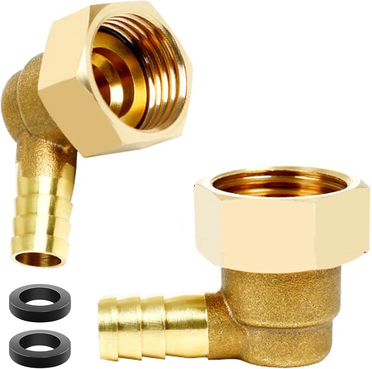 2 stuks messing fitting slang weerhaak 1/2 inch hoek 90 graden, 10 mm weerhaak naar G1/2 binnendraad buis, slang - ShopVlot