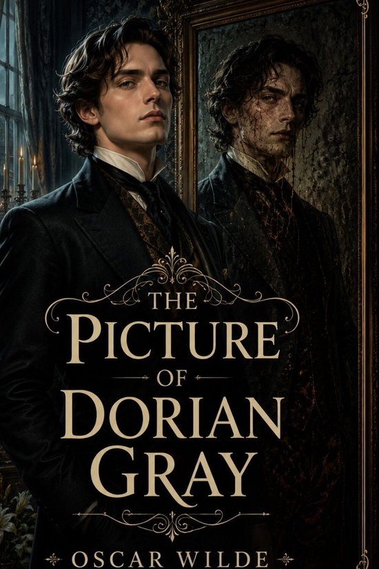Een man met donker haar in een zwart pak met een stropdas. Achter hem staat een spiegelbeeld met een verweerd gezicht. De titel 'The Picture of Dorian Gray' staat centraal.