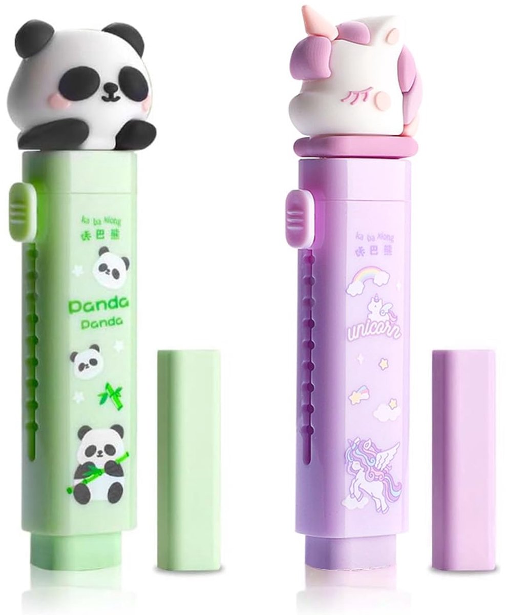 Gummen set van 2 in penstijl - intrekbare gummetjes - panda en eenhoorn - perfect voor tekenen en leren - ShopVlot