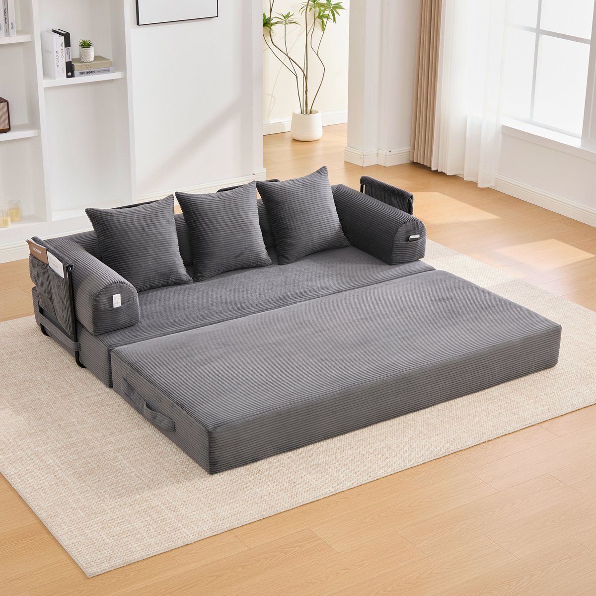 OKWISH Slaapbank 3-Zits 200 Cm - Modulaire Uitklapbare Bank Met 3 Kussens En Opbergvak - Voor Woonkamer En Kleine Ruimtes - Stof - Donkergrijs