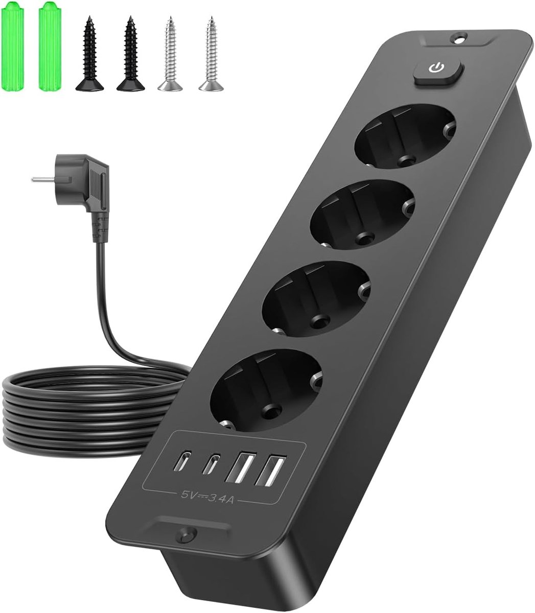Inbouwstopcontact met USB - 8 in 1 stekkerblok - 4 aansluitingen + 4 USB poorten - ideaal voor bureau of keuken - ShopVlot