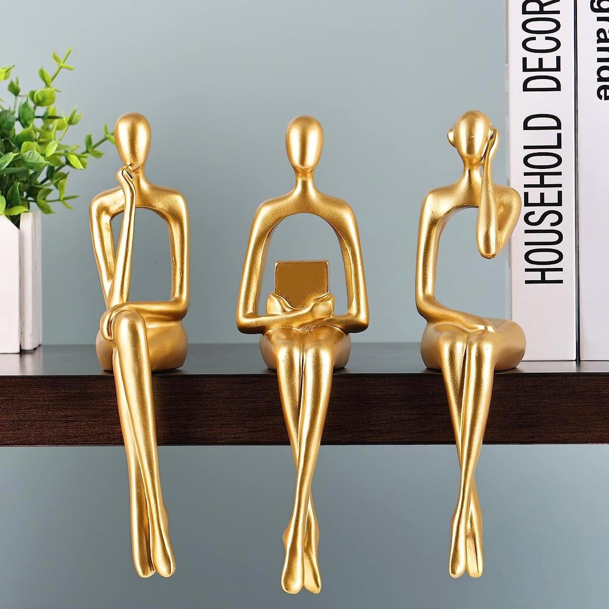 Denker beeldhouwwerken 3 stuks - abstracte zittende sculpturen - gouden afwerking - SnelShoppen