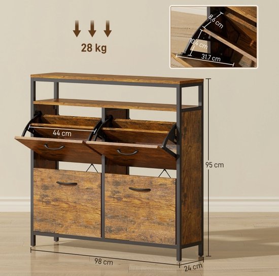 Schoenkast Met 4 Klapvakken En Open Vak - Smal Industrieel Design Voor Hal En Woonruimte - Hout En Staal - Rustic Brown - 98x24x95 Cm — afbeelding 2