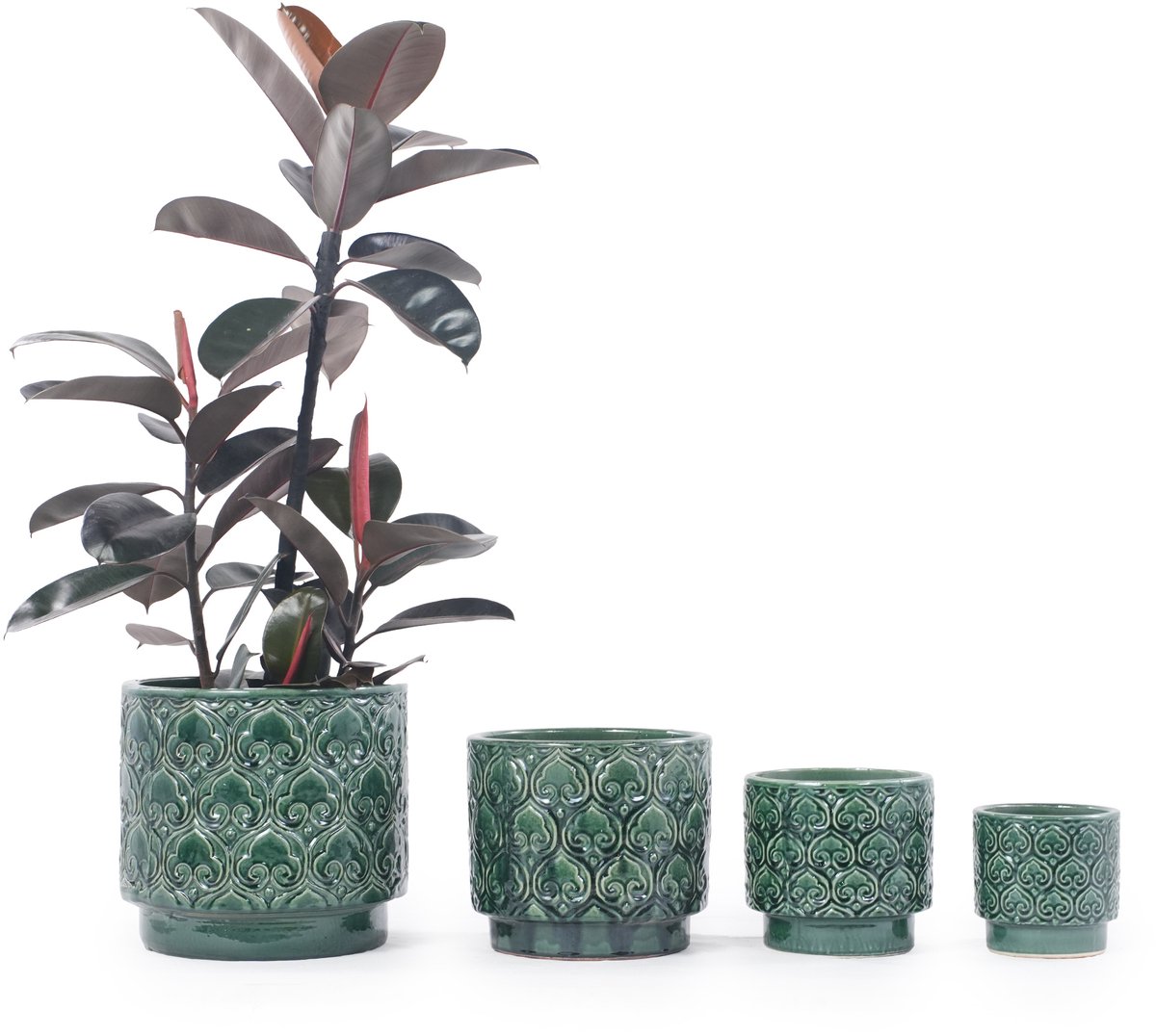 FloraGrace Bloempot 4-Delig – Handgemaakt Glanzend Keramiek – Ø38/31,5/24/19 Cm – Sattengroen – Binnen, Balkon En Tuin – Met Afwateringsgat