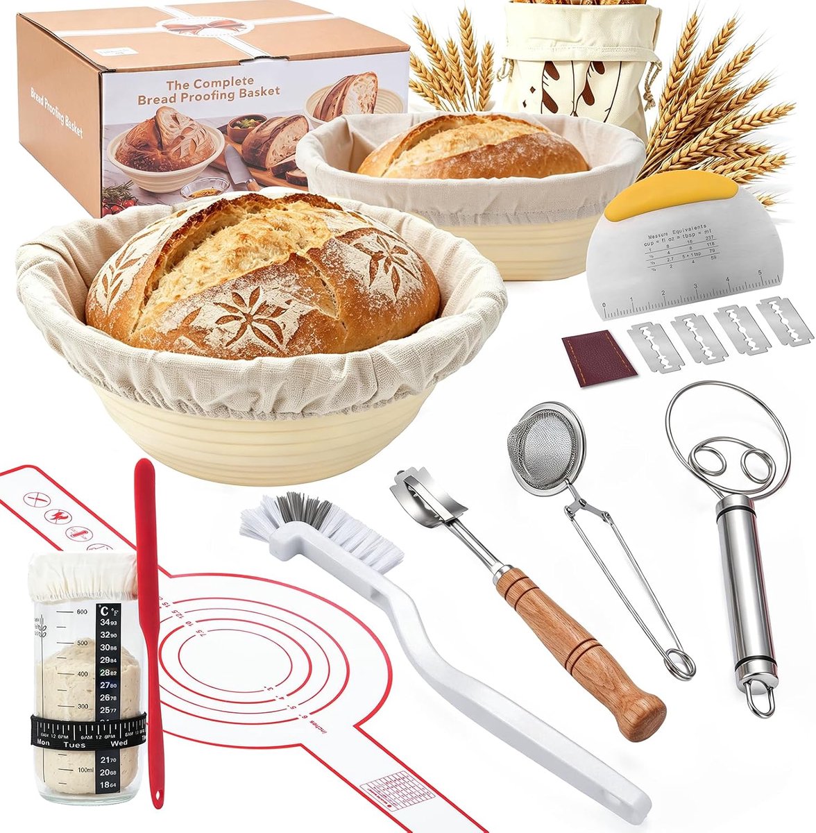 Zuurdeeg starterset 16-delig - siliconen gistmanden - complete broodbakset - ideaal voor hobbybakkers - SnelShoppen
