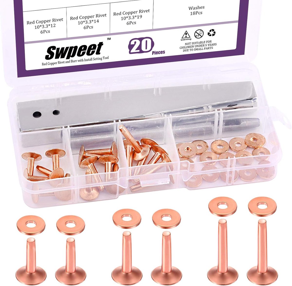 Koper klinknagels set 38-delig - 3 maten - inclusief gereedschap - perfect voor riemen en portemonnees - SnelShoppen