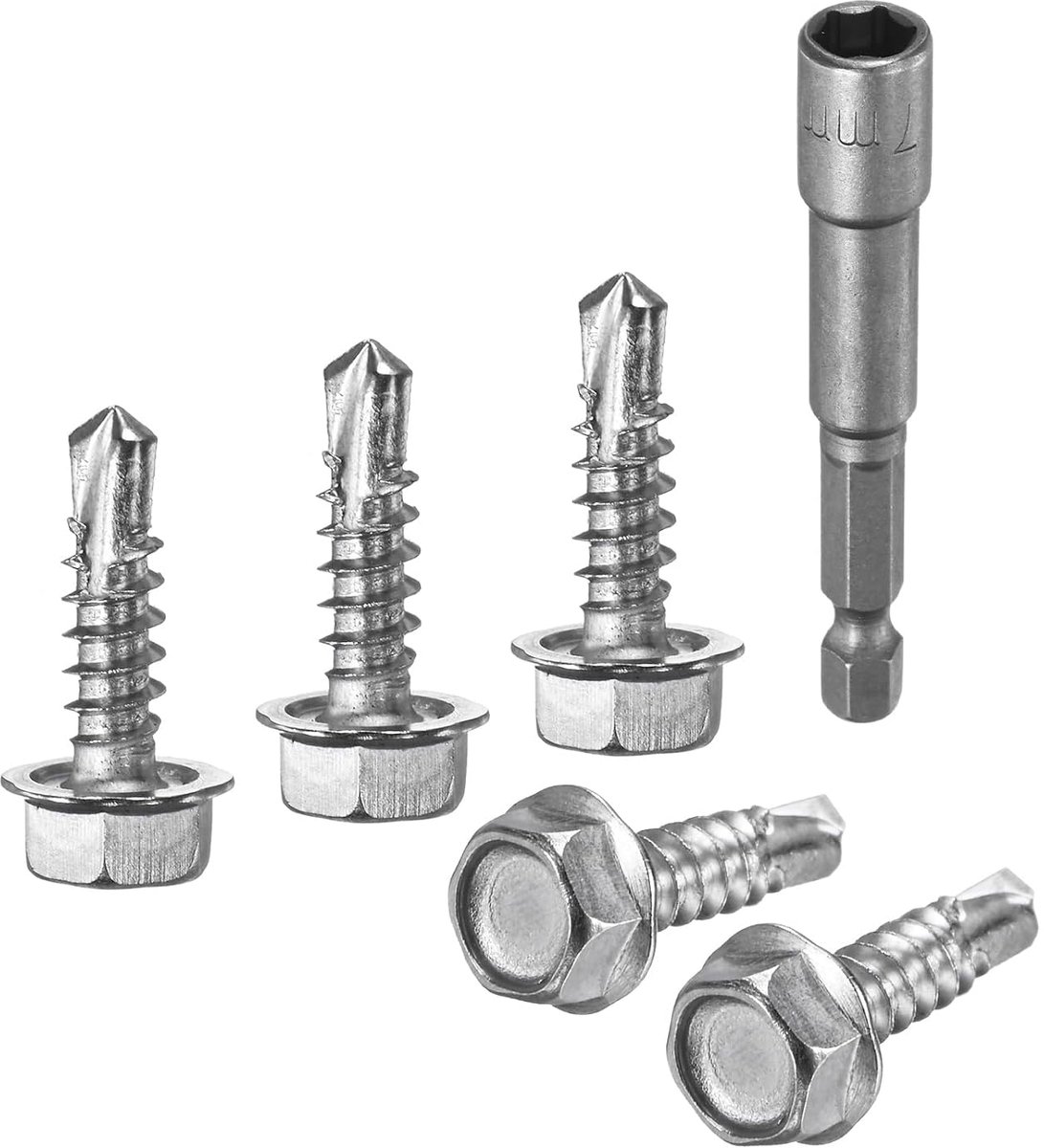 METERXITY 50 stuks zelfborende schroeven voor metaal #8 x 5/8 inch, roestvrij staal 410, met zeskantige sluitringkop en zeskantpunt