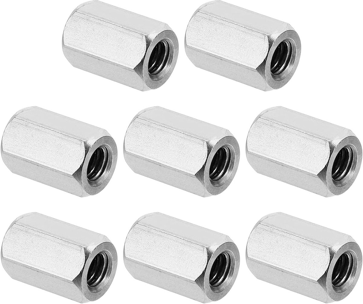 5/16"-18 UNC 304 roestvrij stalen zeskantige koppelingsmoeren, 8 stuks 0,8" lengte volledige schroefdraad stang grove koppelingsmoer verbindingsstuk bevestigingselementen, zilvertint