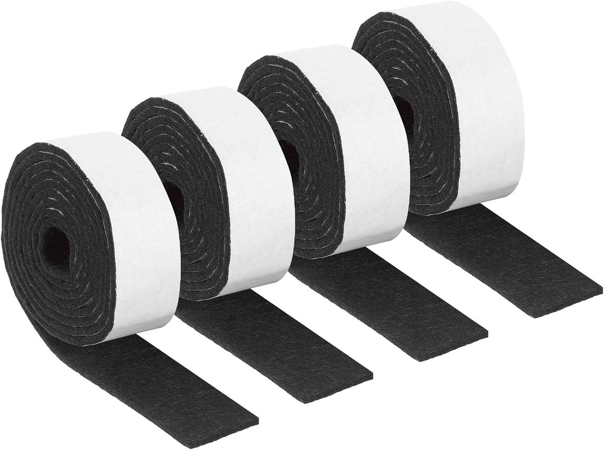 Viltstrips met lijm, 4 rollen, 25 x 152 x 15 cm x 2,5 cm, krasbestendige viltmatten voor meubels, zelfklevend, ter bescherming van harde houten vloeren, zwart