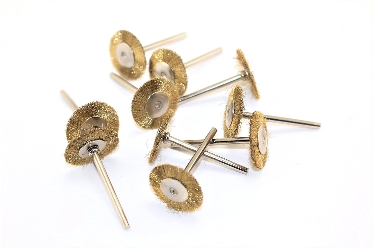10 stuks platte draadborstelwiel met messing haren, 19,05 mm (3/4"), steel 3,17 mm (1/8"). Compatible with Dremel en andere rotatiegereedschappen