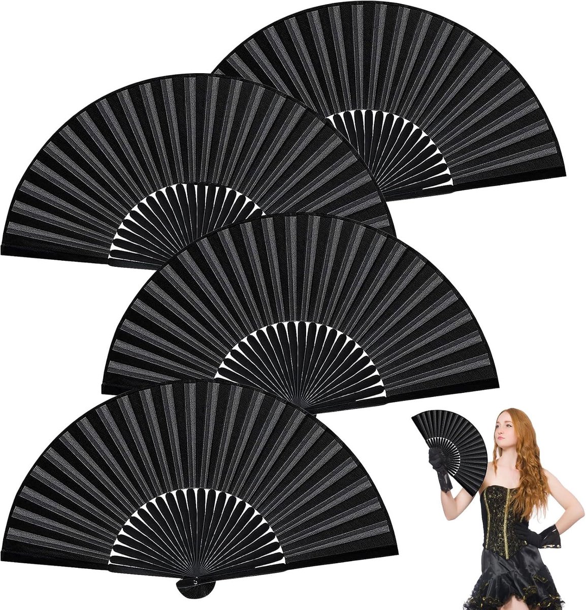 4 stuks handwaaiers, vouwventilator, Chinese waaiers, 37,5 x 21 x 2,2 cm, zwart, klein, bruiloft, voor bruiloft, dans, party, favorieten, doe-het-zelfdecoratie