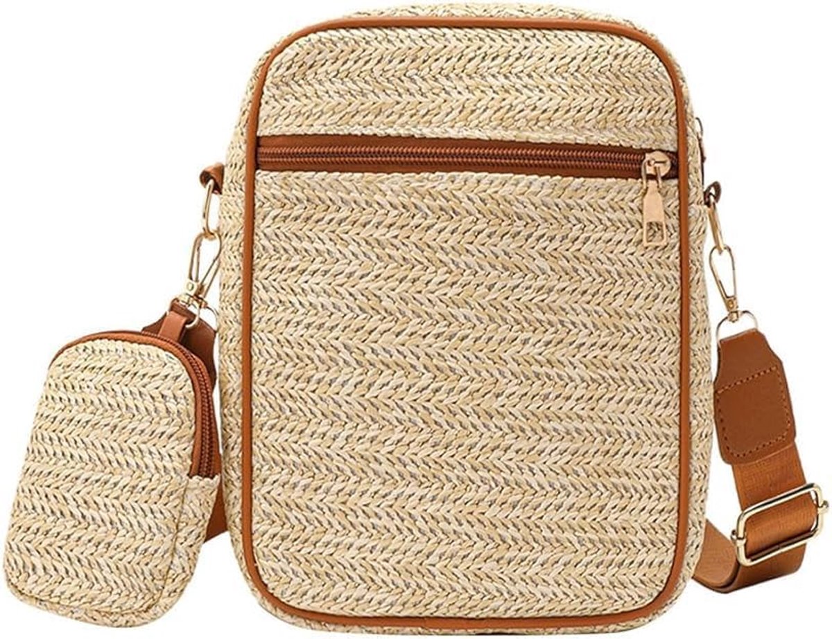 Dames Crossbody Tas Gevlochten Schoudertas Strolook Messenger Tas Casual Handtas Reistas Strandtas Met Brede Schouderriem en Klein Etui
