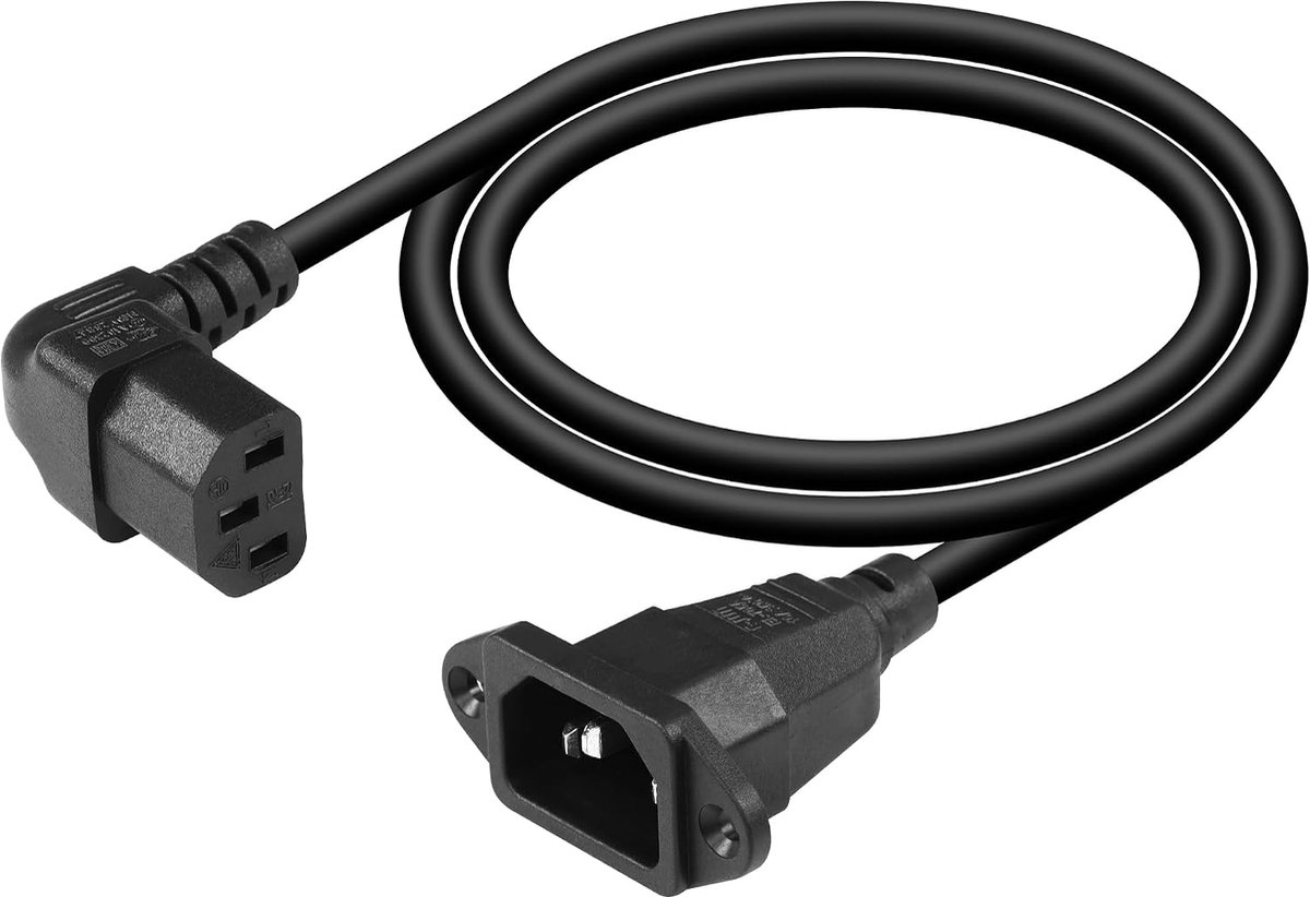 C14 naar C13 verlengkabel, paneelmontage C14 tot 90 graden C13 PDU-voedingskabel, IEC 320 C14 mannelijk naar neerwaartse hoek C13 vrouwelijk 3-pins netsnoer, voor monitoren, computers, enz