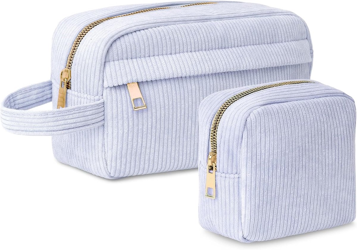 Set van 2 make-uptas, Duopack Corduroy Cosmetische Tassen, Blauw | Draagbare Toilettassen met Ritsen, Reisorganizers met Handvatten, Multifunctionele Kleine Cosmeticatas voor Dagelijks Gebruik