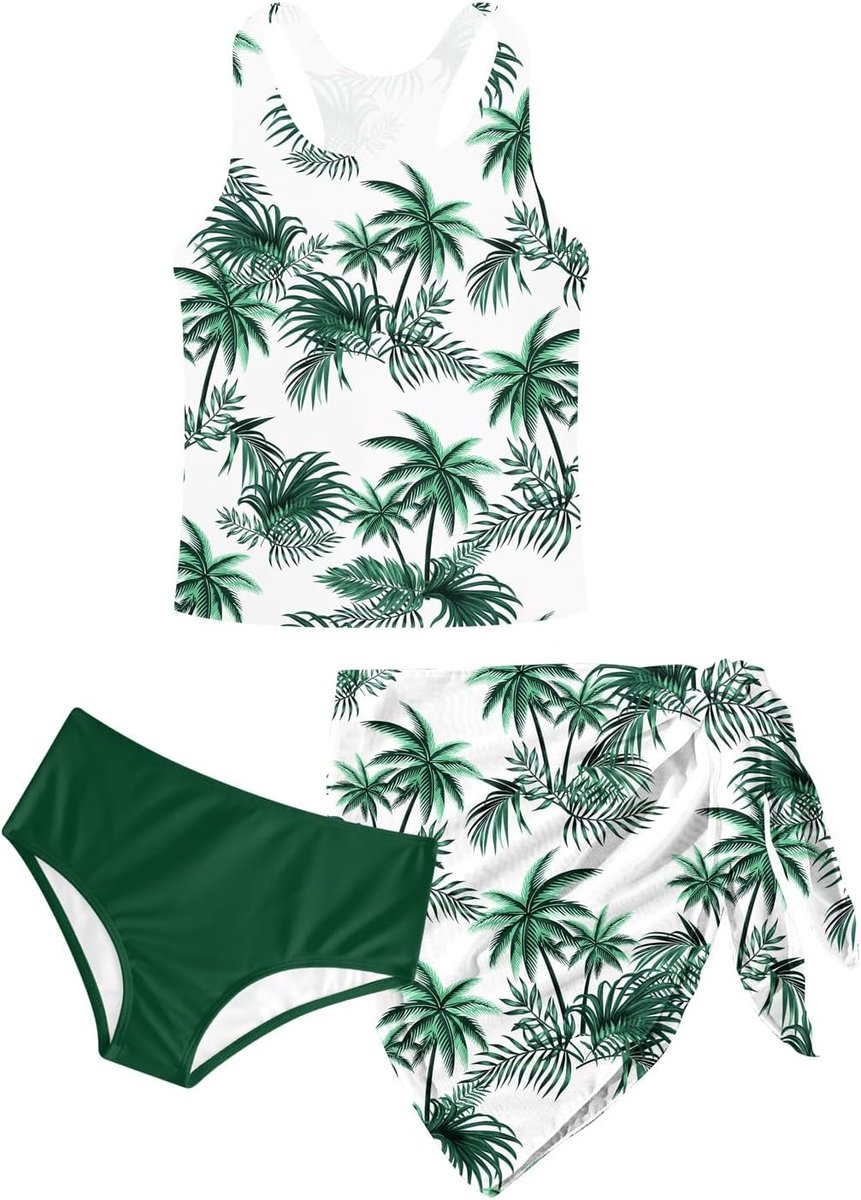 Zwemkostuum voor meisjes, 3-delig meisjesbikini, zomer, Hawaii-prints, zwempak, tankini voor kinderen, met bedekkende badpakken, vakantie, surfen, voor 8-14 jaar