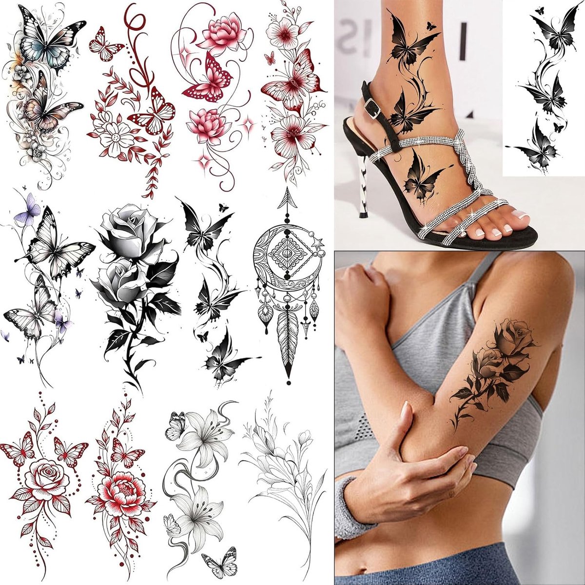 Tijdelijke tattoos vlinder bloemen, waterbestendige tattoo stickers met roos pioenroos lelie, voor handen voeten benen lichaam