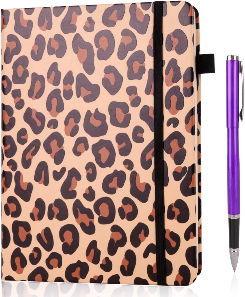 A5 met pen, dagboek voor volwassenen, 240 pagina's, hardcover notebook, gelinieerd schrijfboek van PU-leer, ideaal voor kantoor, school en thuis (luipaard)