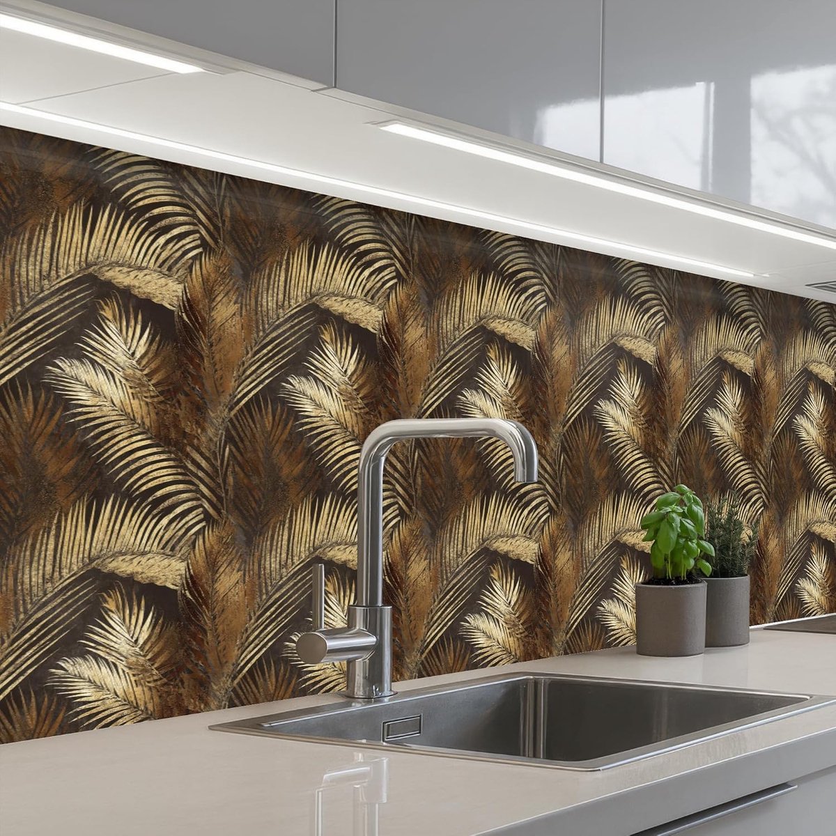 Keukenachterwand 60x250 cm zelfklevend keuken decoratie accessories home kitchen spatscherm Tropisch - Bladeren - Goud