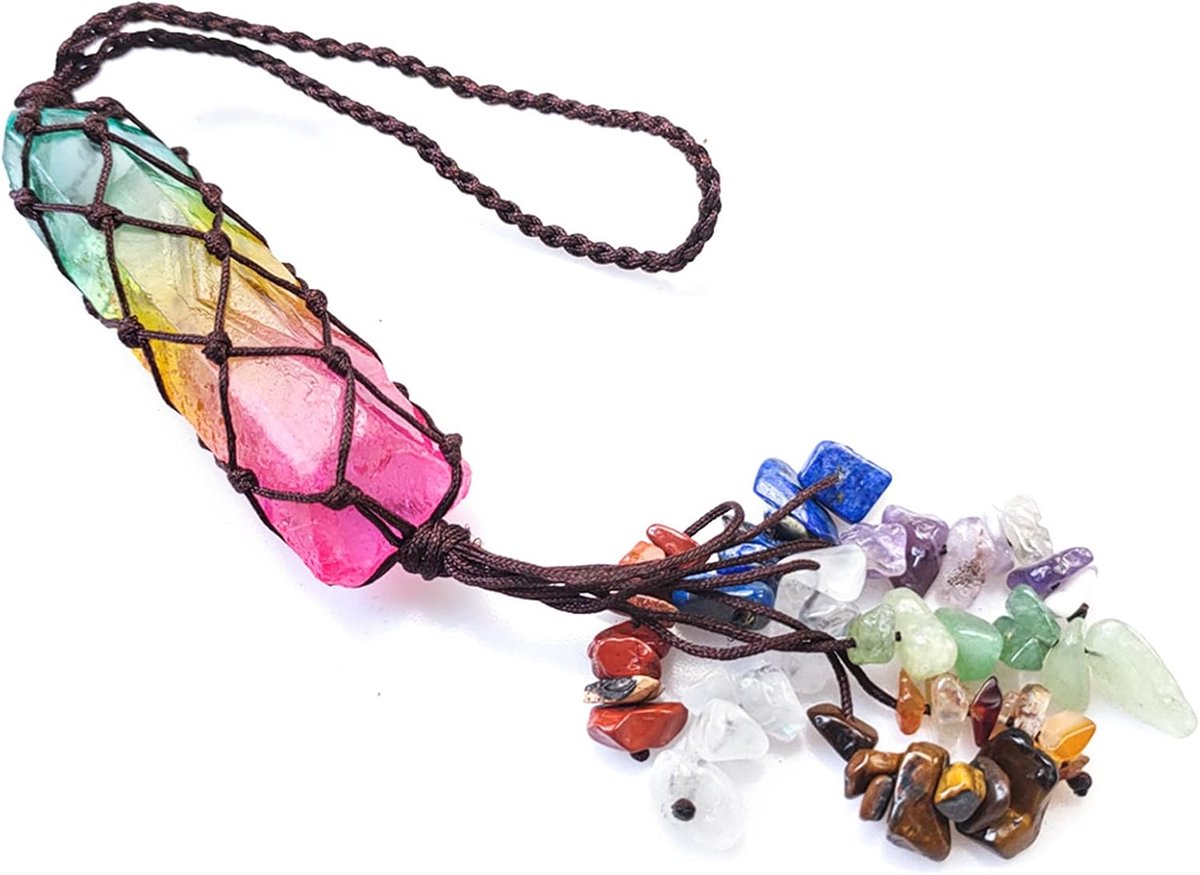 7 Chakra Healing Crystal Stone Opknoping Ornament, Rainbow Titanium Coated Onregelmatige Bergkristal voor Car Home Decor Reiki Yoga Meditatie
