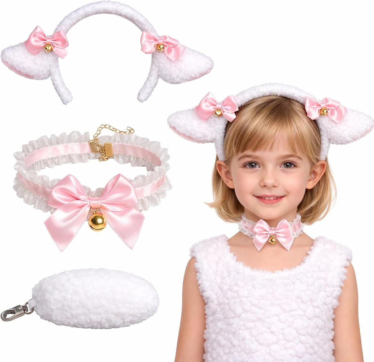 Lamsoren, staart en lussen met strikknopen, lamshoofdband en lamsstaart, schapenkostuum voor dierenkostuum, cosplay, verjaardagsfeest, accessoires, Halloween, carnaval