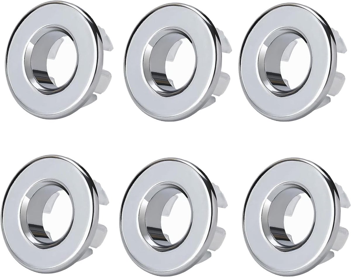 6 stuks gootsteenoverloopdoppen, messing wastafelversieringen, wastafels overloopringset, wastafeloverloopafdekking, verchroomd rond overloopgat voor badkamer en keuken (zilver)