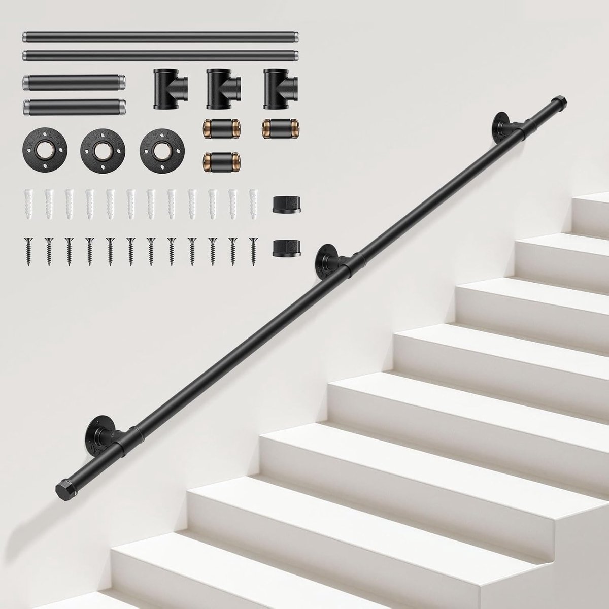 Trapleuningen voor Trappen, 1,5M Trapleuning voor Binnen Buiten, Veiligheid Wandgemonteerde Handrails Trappen Anti-slip Gegalvaniseerd Ijzeren Industriële Leerpijler Handrail voor Ouderen