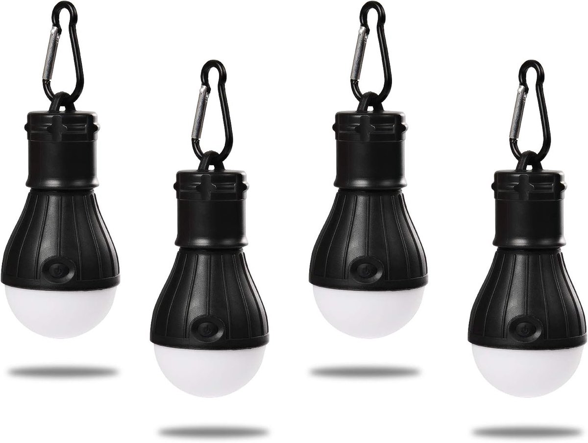 Campinglamp, 4 stuks, werkt op batterijen | Karabijnhaak, 3 modi, waterdicht IP65 voor tent, trekking, bergbeklimmen, noodgevallen, zwart