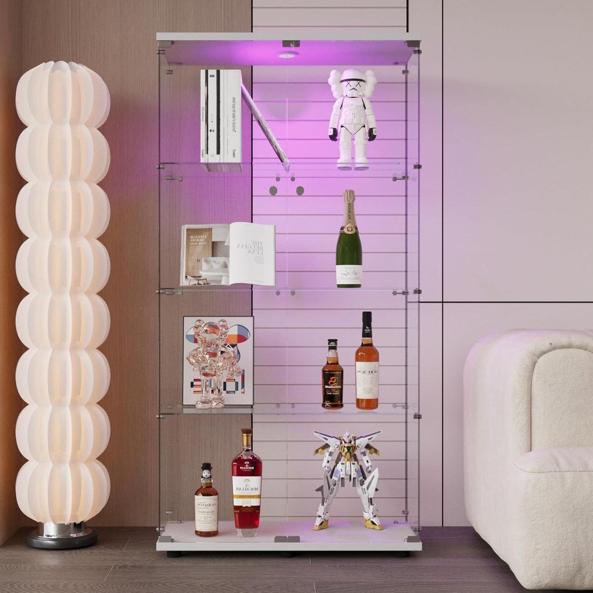 Vitrinekast met LED - Verzamelkast Glazen - Collecties Presenteren - Afsluitbare Deuren - 80x36x164 cm - Wit
