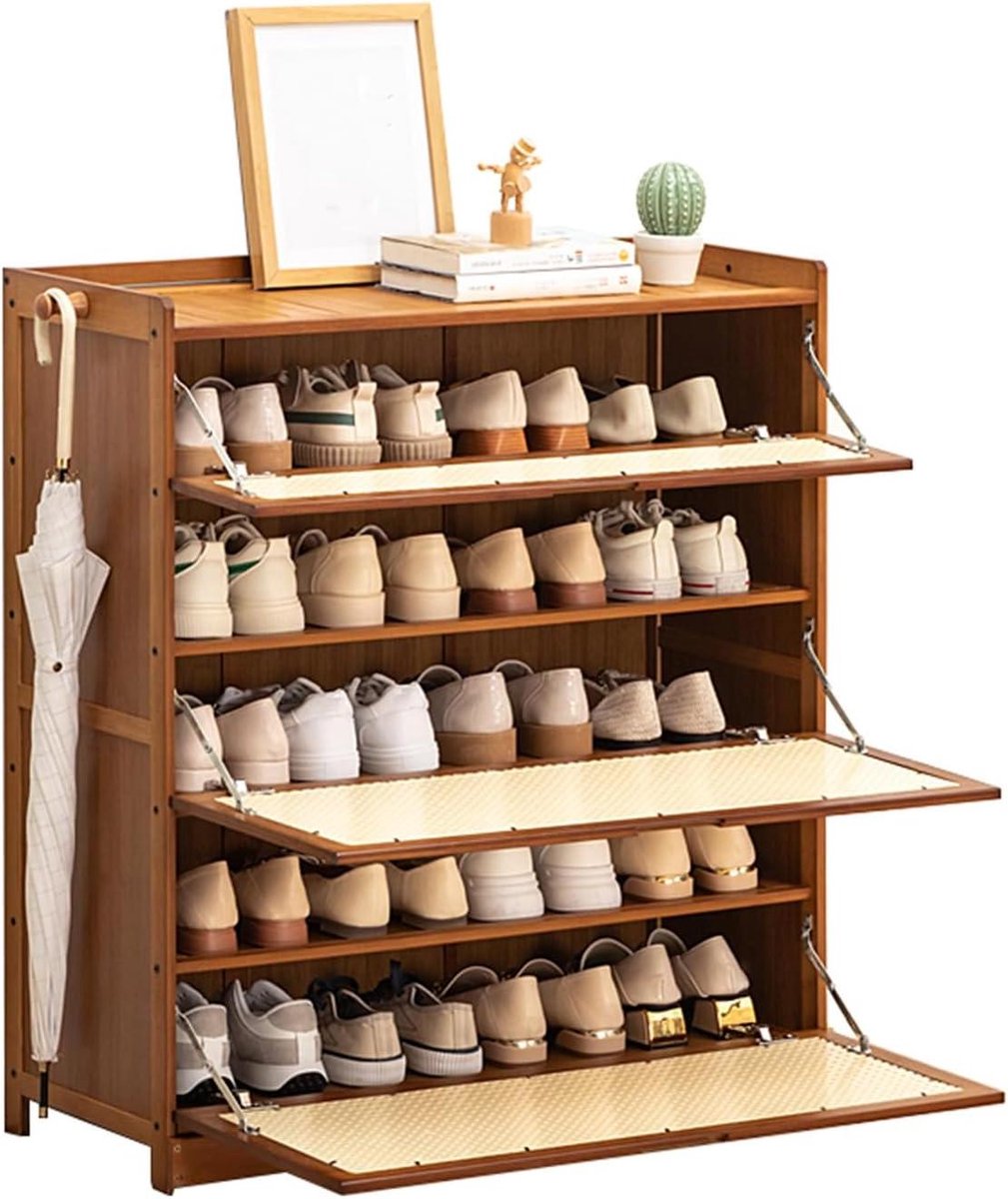 Bamboe Schoen Opbergkast - Schoenenrek Hal - Schoenen Opbergen - Flip Down Deuren - 80x33x85cm - Natuurlijk