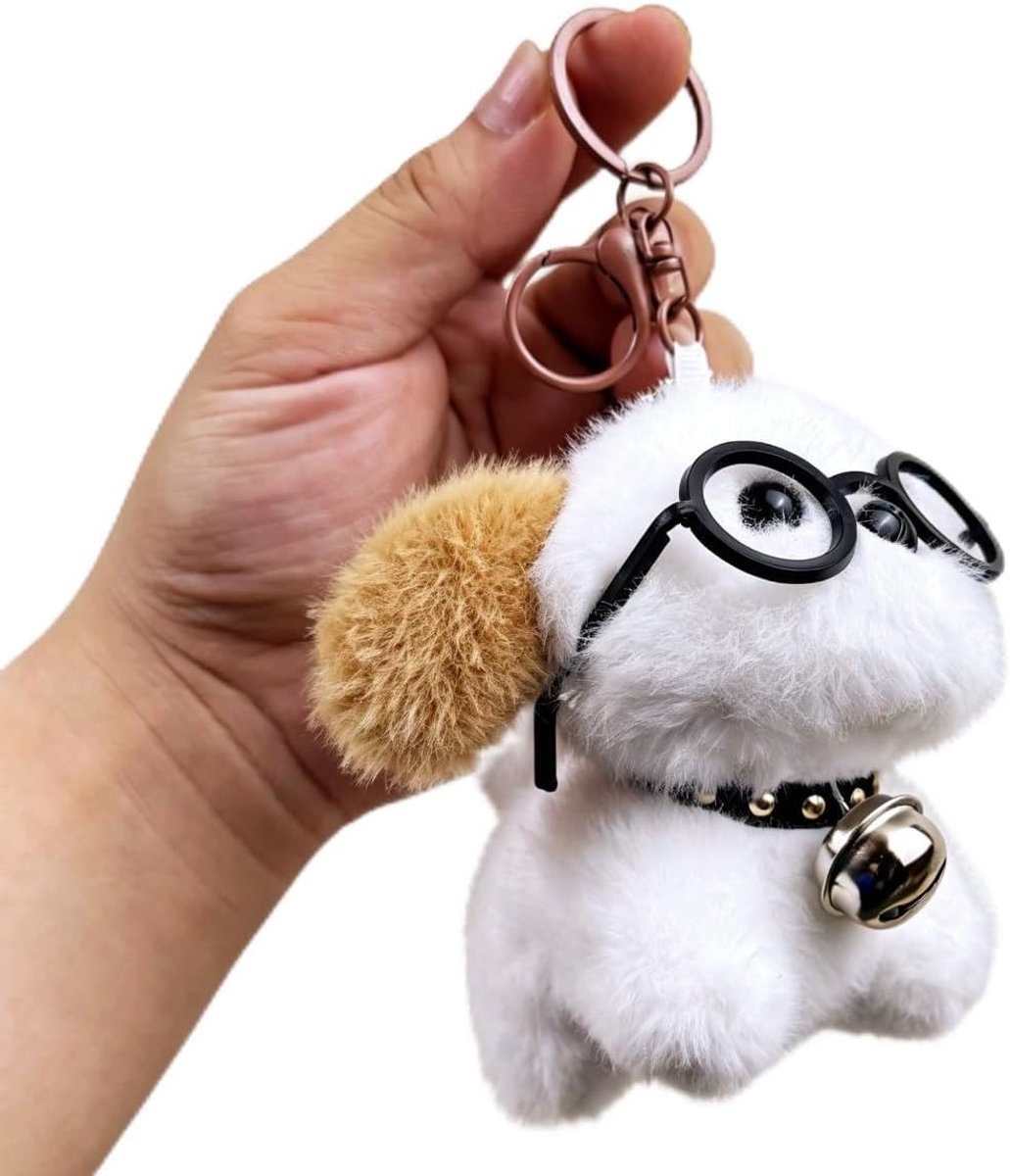 Pluche hond sleutelhanger met bril - zachte witte puppy - schattige bel - ideaal voor handtas of rugzak - SnelShoppen