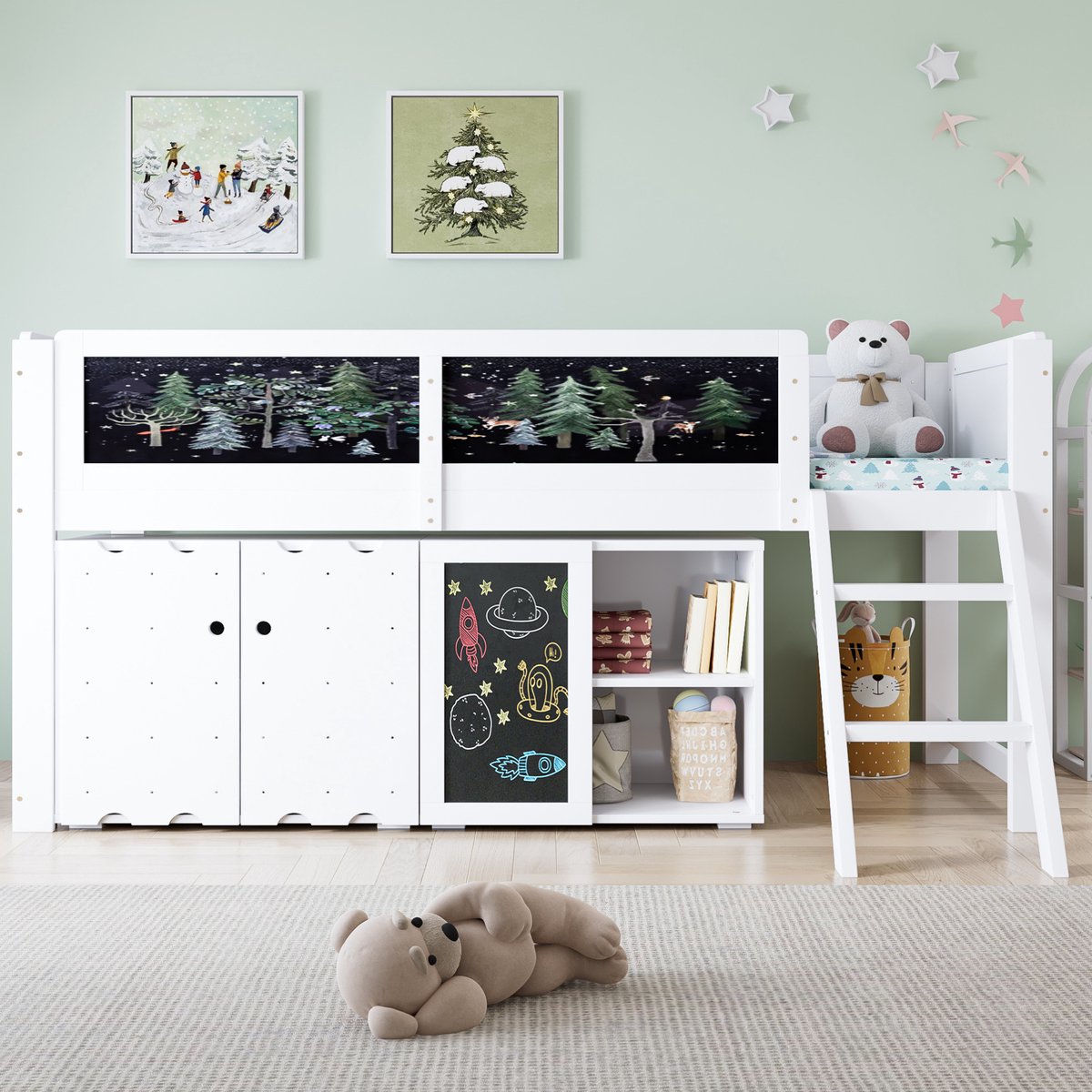 MIVRAY Hoogslaper 90x200 cm - Kinderbed Met Opbergruimte En Krijtbord - Schuine Trap En Veiligheidshekje - Hout En MDF - Wit Zonder Matras