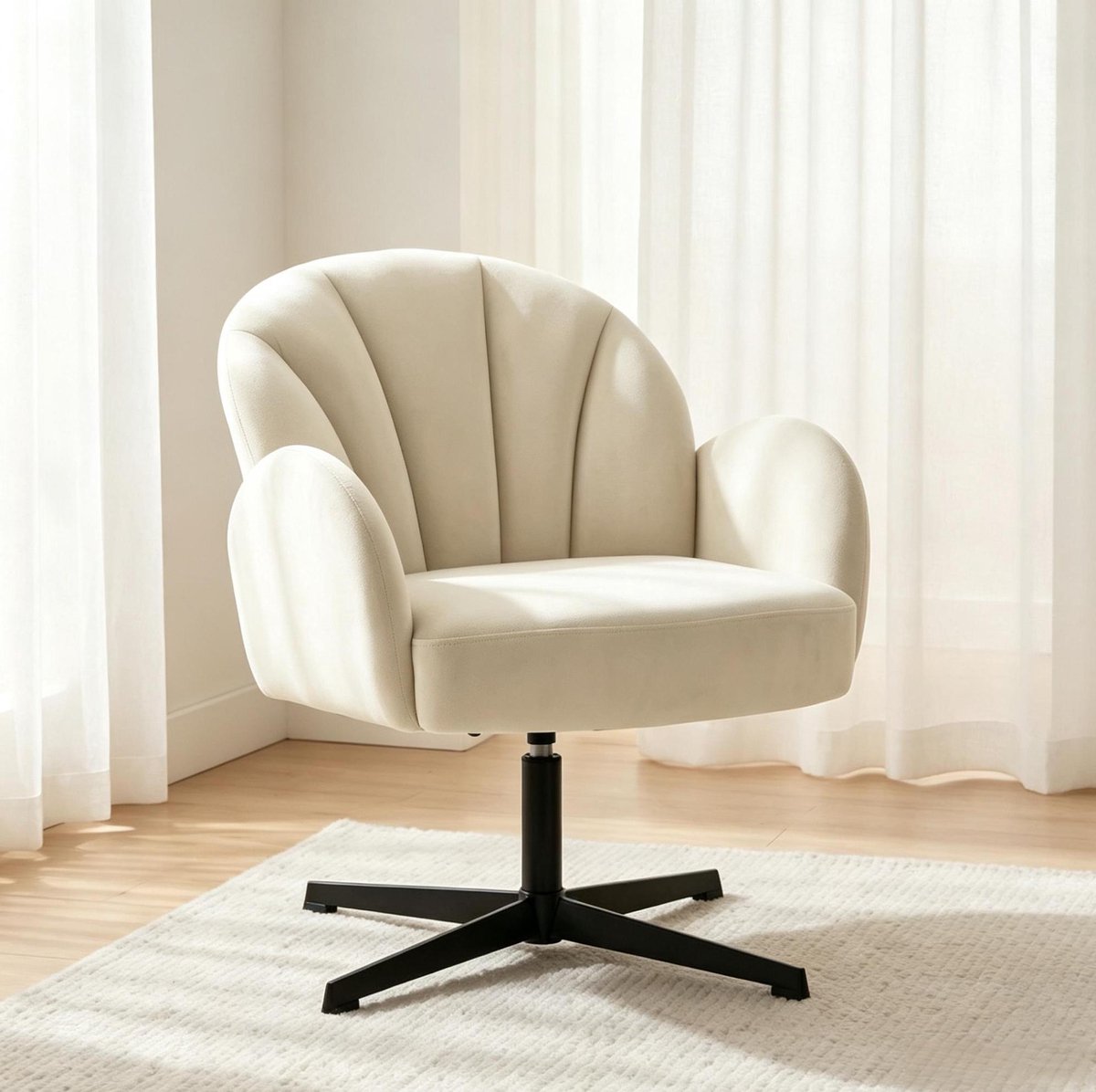 FloraGrace Fauteuil - 360° Draaibaar - Schelpvormig Design Met Armleuningen - Voor Woonkamer, Slaapkamer Of Kantoor - Velvet - Beige Zwart