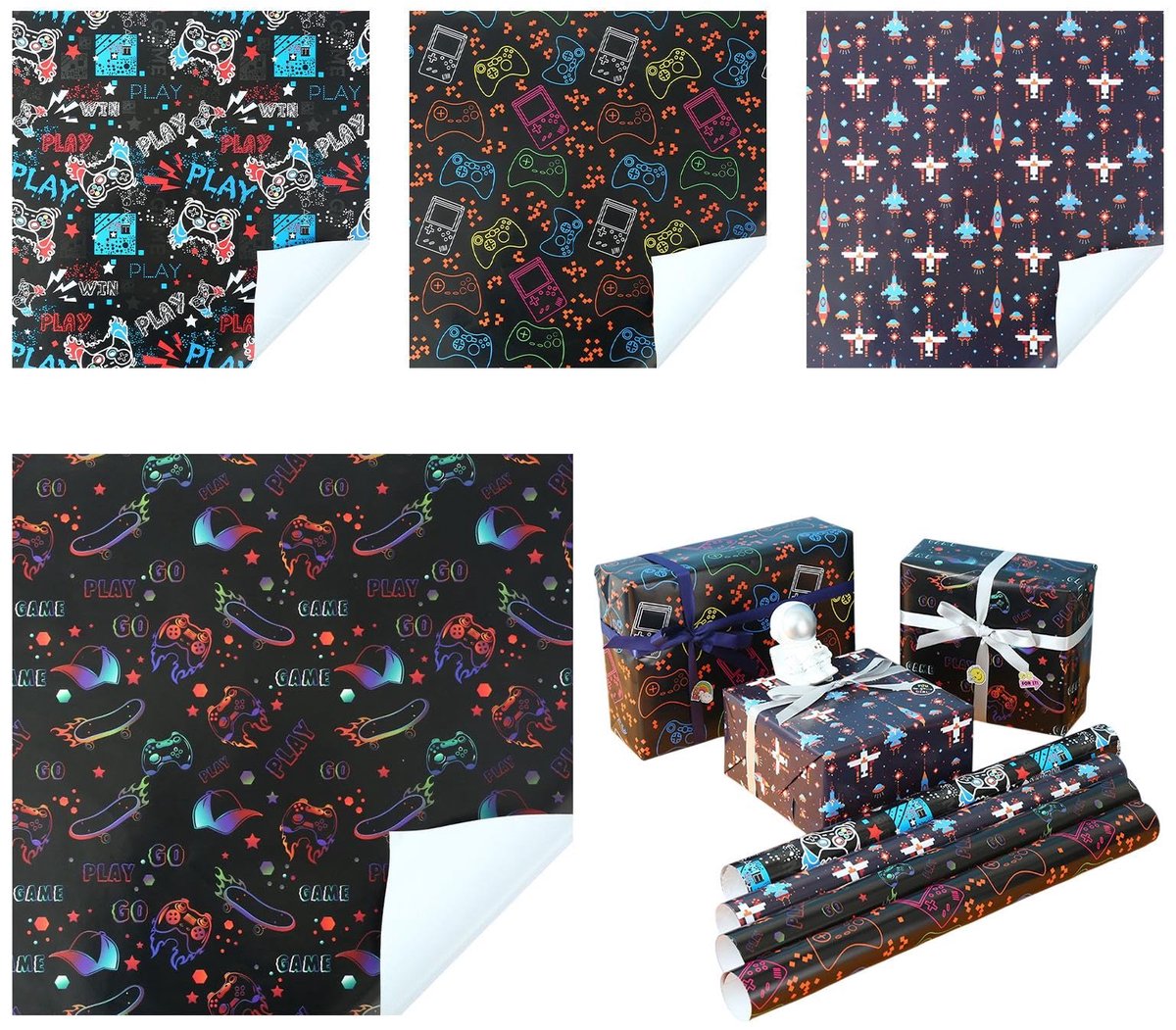 Cadeaupapier spelletjes 50 x 70 cm - zwart - gaming-thema - perfect voor verjaardagen - ShopVlot