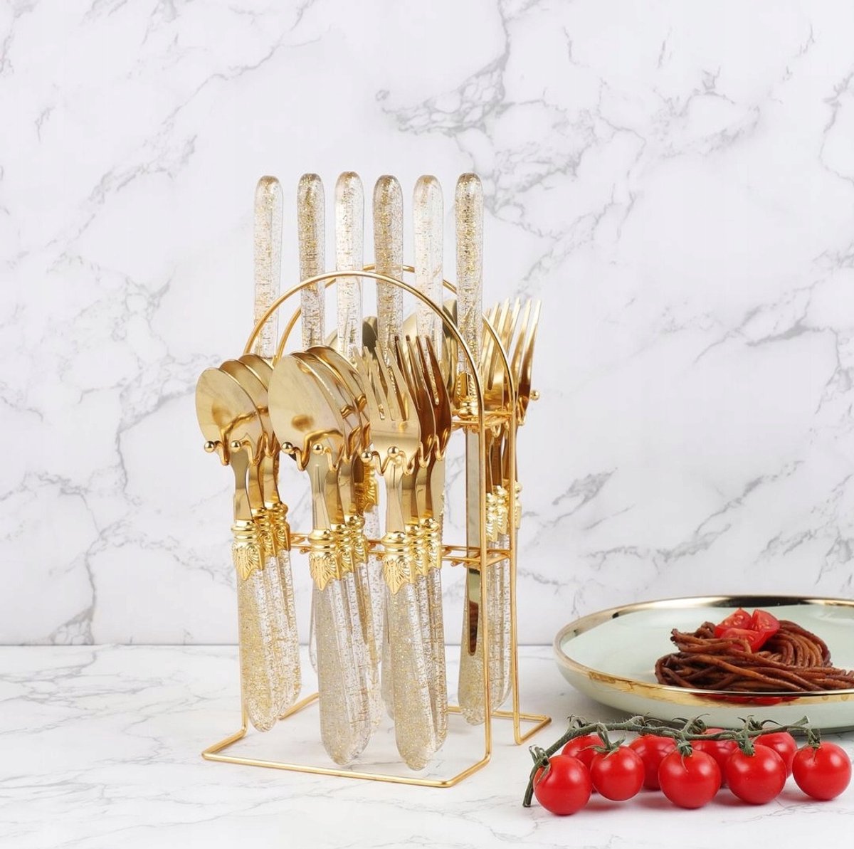 24-delig Bestekset met Gouden Acryl Handvatten en Standaard