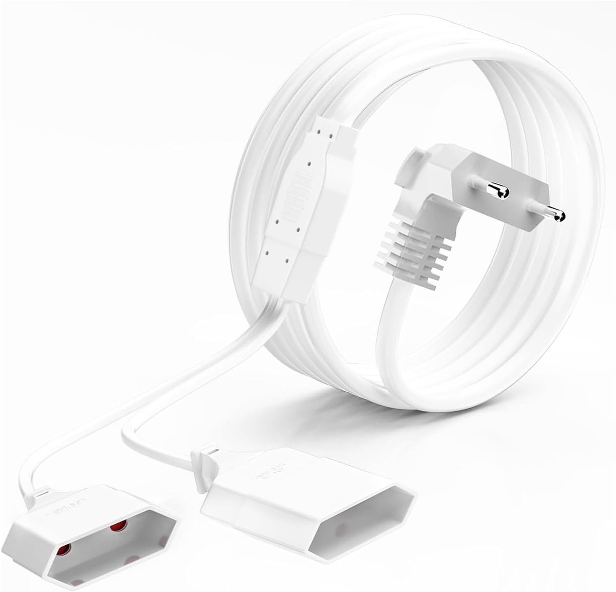 Verlengkabel, eurostekker, 0,3 m, korte netsnoerverlenging, 2-voudige 90°, 0,75 mm² type C, stroomkabel, eurostekker naar eurobuust, max. 2,5 A/250 V, voor tv en lamp, wit