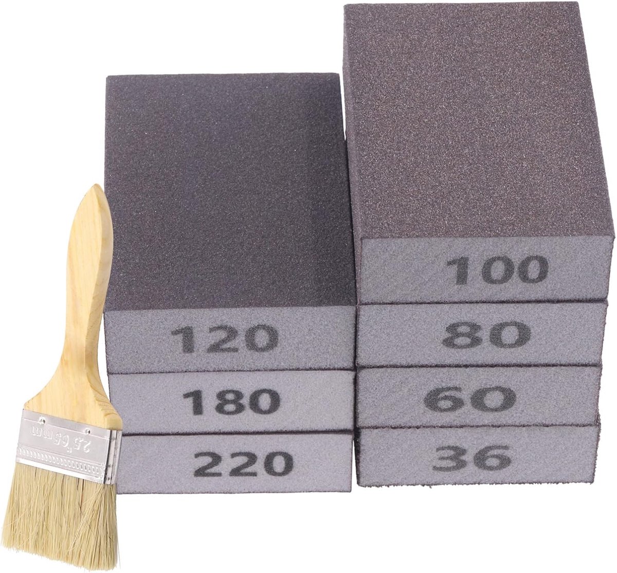 16pcs 4 x 2,8 x 1 Inch #120 Grit White Ultra fijne natte en droge schuurspons schuurpads en houten verfborstel assortiment kit, natte droge flexibele schuurpads