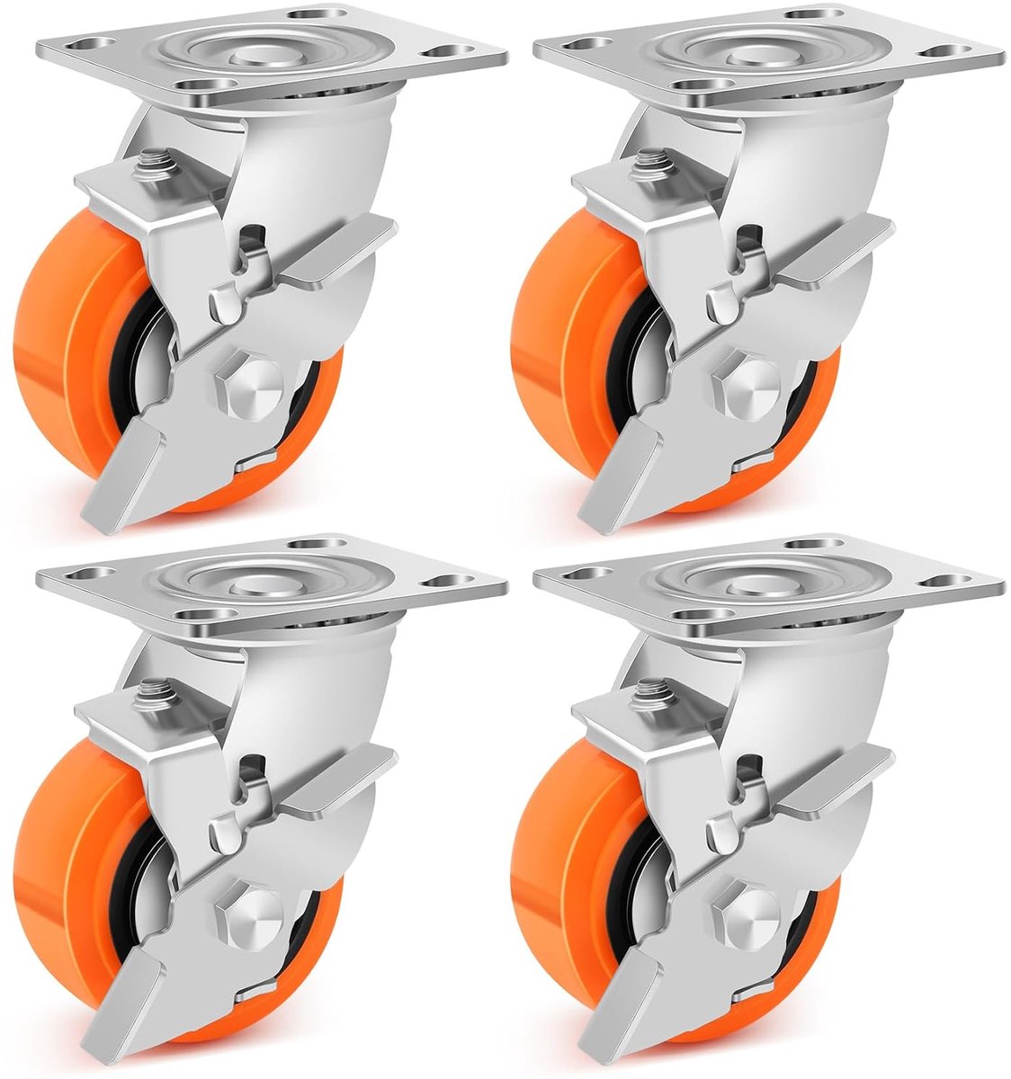 100 mm PU-wielen voor steekwagen met rem, industriële zware wielen, capaciteit 1100 kg, stil, slijtvast, voor werkbanken, wagens, machines, set van 4