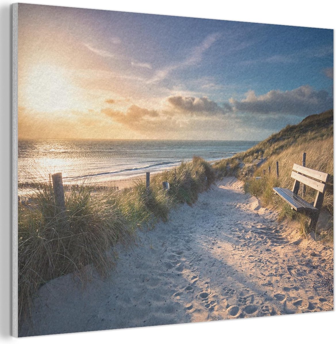 Vilten Wanddecoratie 70x50 cm Kamer Decoratie Woonkamer Slaapkamer Room Decor Wanddeco Felt Wall Art Zonsondergang - Duin - Strand - Gras - Bank