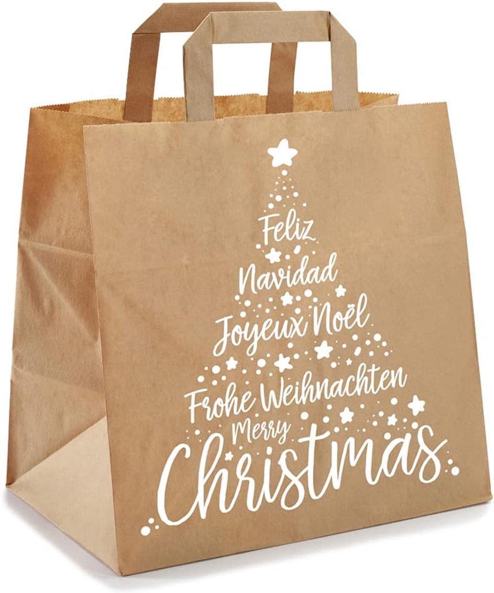 Kerst Kraft Papieren Tas 26x17x25cm - Witte Xmas - 50 Stuks - Perfect voor Cadeaus - SnelShoppen